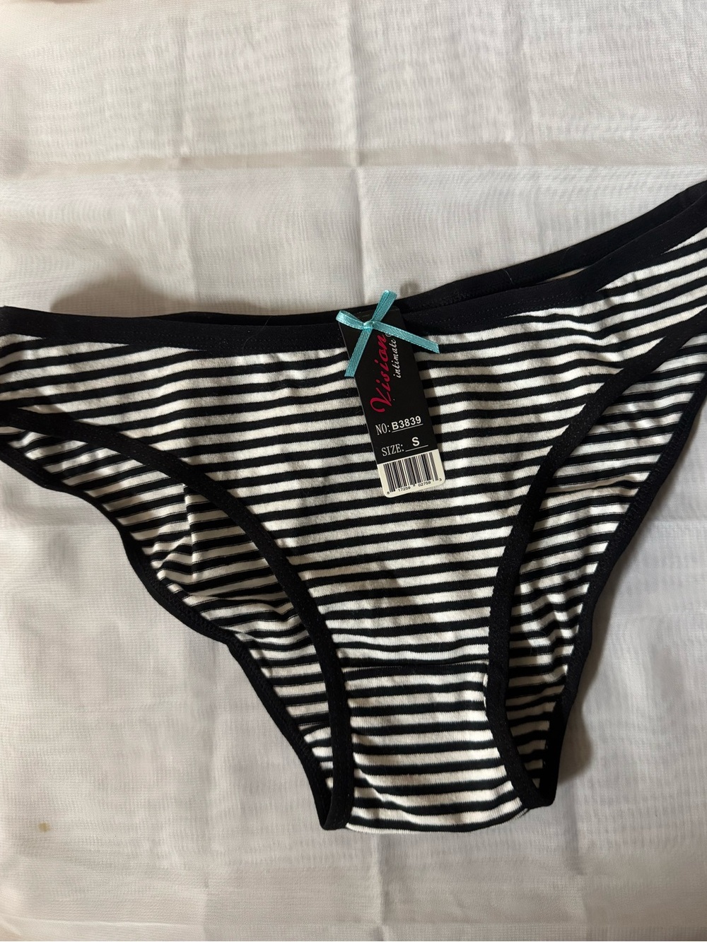 Vision Intimates Black & White Striped Bikini Panty with light Bue Bow - NWT - S